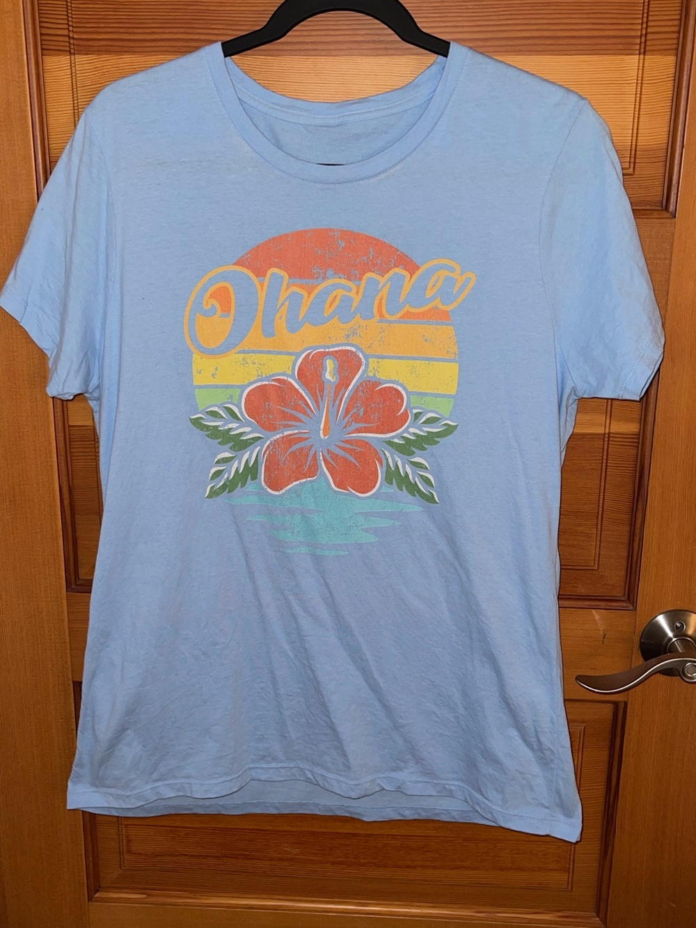 Retro Light Blue 'Ohana' Floral Sunset Graphic Tee - EUC - Large